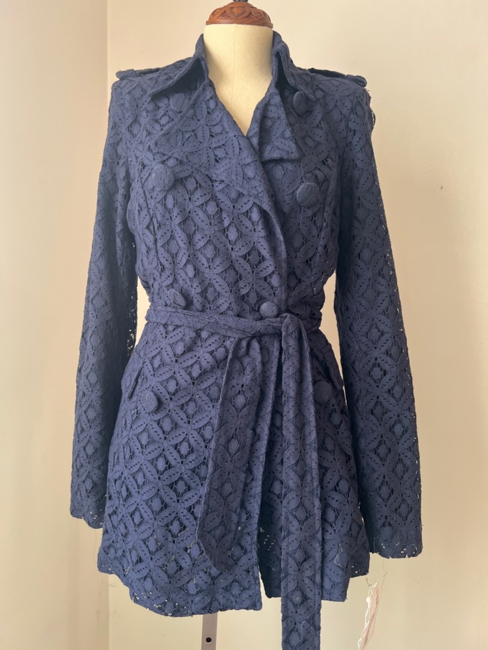 Navy Lace Tie-Waist Trench Coat - Women